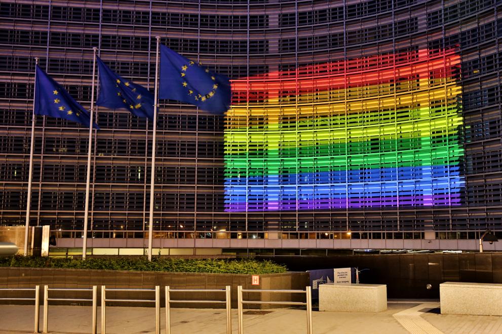 The Berlaymont building lit with the rainbow flag colours to mark the International Day Against Homophobia, Transphobia and Biphobia (IDAHOT) 2020