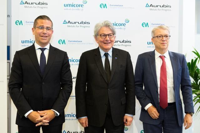 Umicore CEO Meidrich, EU Commissioner Breton, Aurubis CEO Arnold 